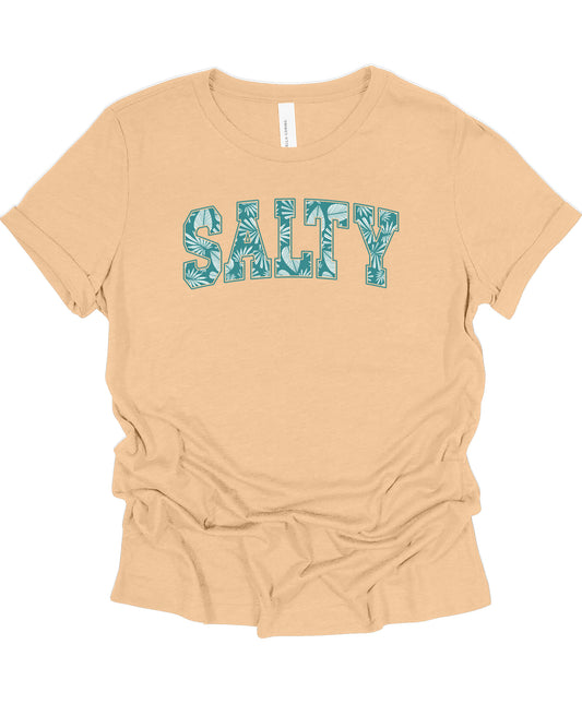 Salty Women’s Fitted T-Shirt – Bold Palm Tree Pattern Design
